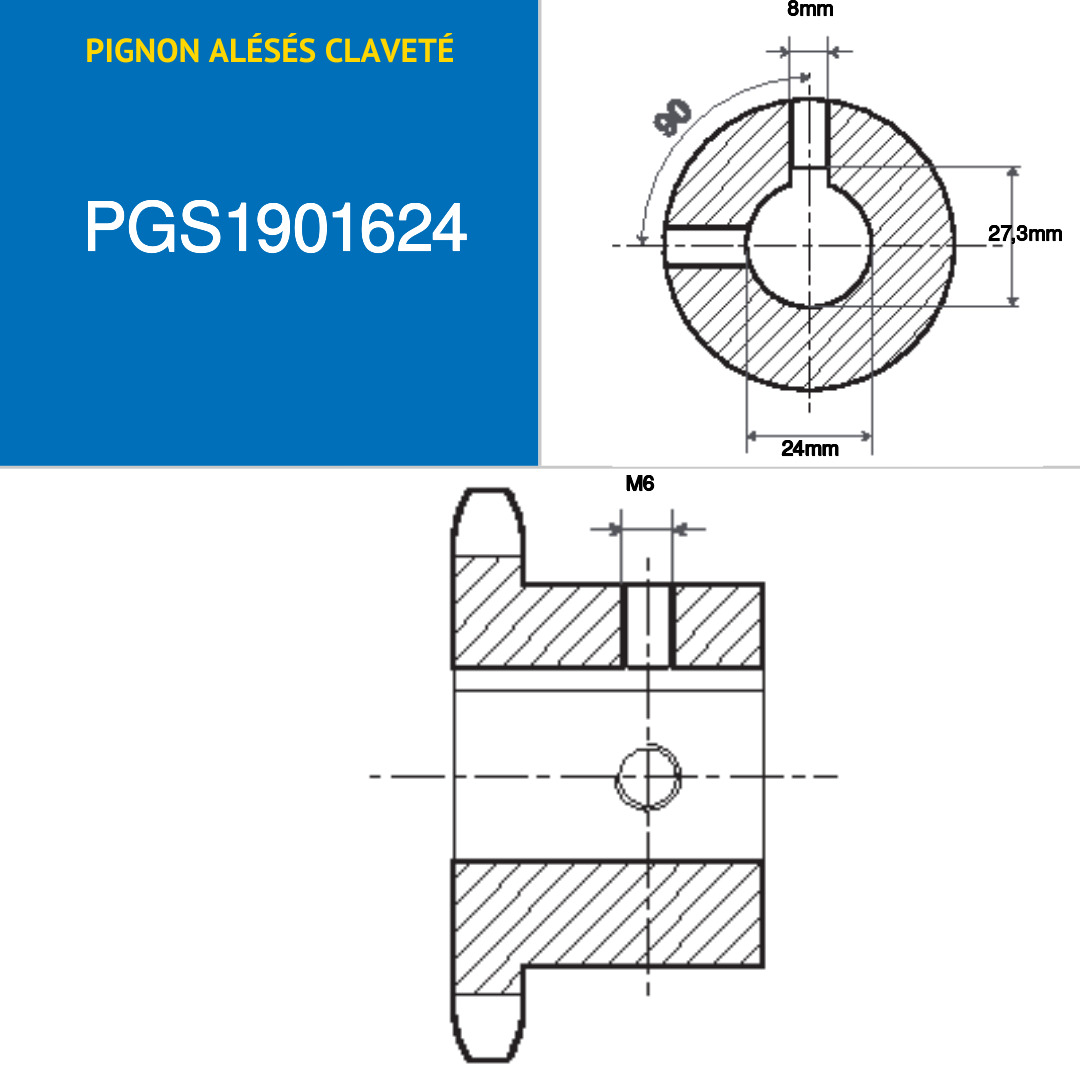 Pignon Claveté Simple Denture 12B1 - 12 Dents, Pas 19.05 Mm, Alésage 30 Mm, Avec 2 Vis De Pression à 90° - 5