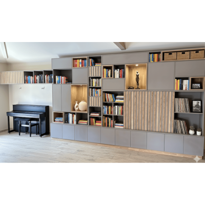 Bibliothèque grise et chêne