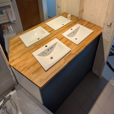 Meuble de salle de bain chêne et bleu